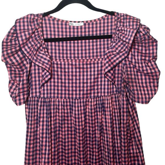 Zara Women’s Gingham Ruffle Prairie Midi Dress Pink/Navy Blue Size Medium - Picture 4 of 9